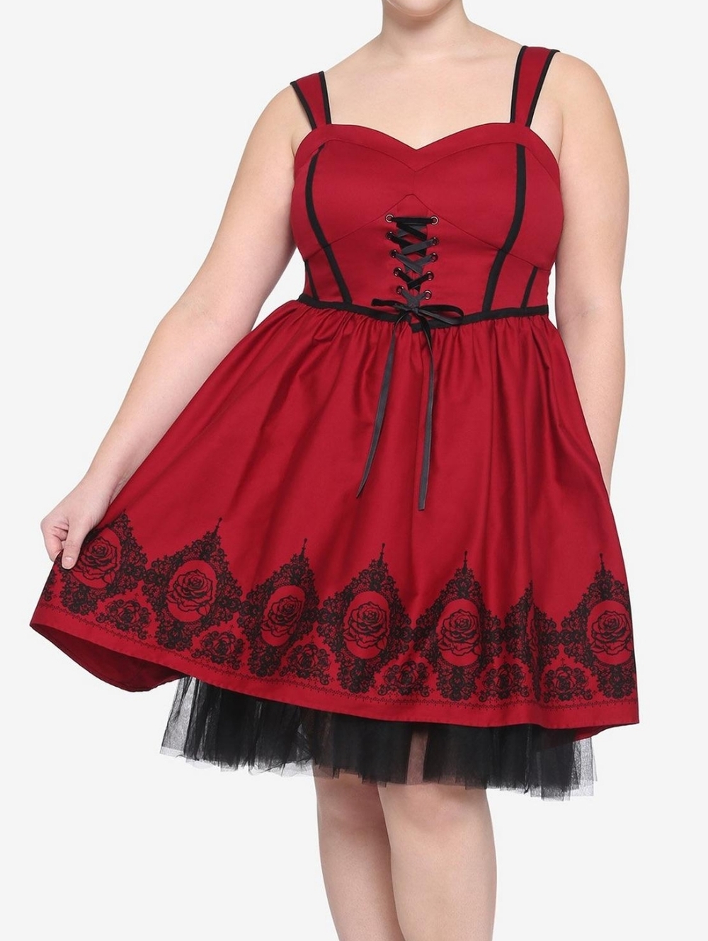 Hot Topic Rose Graphic Corset Style Tulle Trim Lace Front Dress Cotton